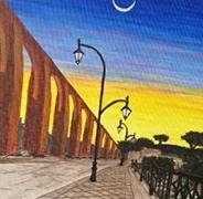 Pintura del Acueducto de Querétaro al atardecer, con faroles y luna