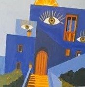 Pintura de una casa azul con ojos en las paredes y una puerta naranja