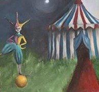 Pintura de un arlequín sobre una pelota frente a una carpa de circo de noche