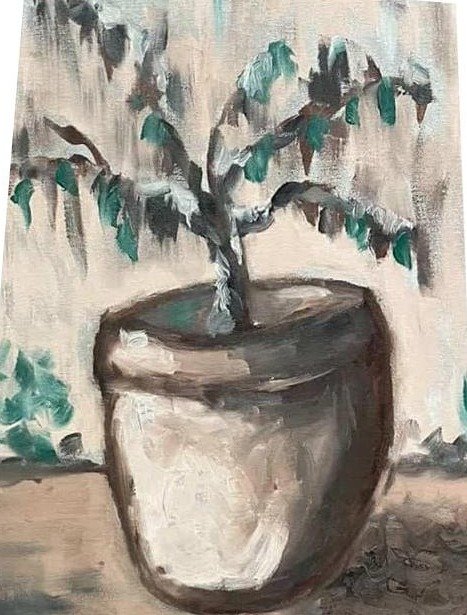Pintura de una planta en una maceta, en tonos tierra y verde